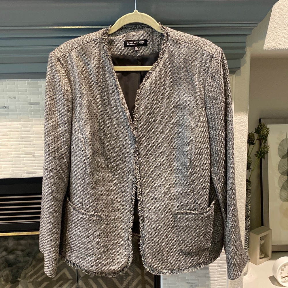 Jones New York Silver Gray Tweed Fringe Trim Blazer 14W
